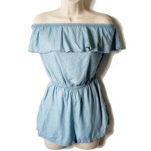 *50off3* NWOT Aerie Chambray Off-Shoulder Romper XS Flounce Ruffle Denim